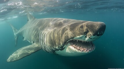 Obraz premium Great white shark underwater ocean predator wildlife marine animal teeth jaws dangerous powerful sea life nature