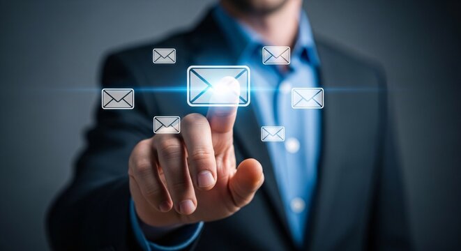 Businessman's finger touching email envelope icon symbolizing digital communication and networking
