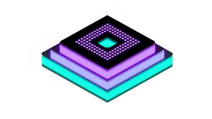 Modern geometric design featuring layered shapes in vibrant colors, including purple and teal, creating visually striking 3D effect. arrangement evokes sense of depth and creativity