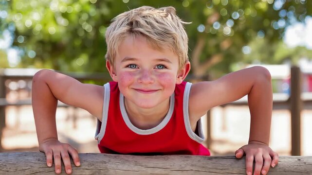Young boy doing pushup exercise outdoors in park setting. Athletic child training with determination and confidence. Health and fitness lifestyle concept with active youth physical development.