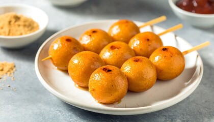 Golden brown mochi balls on skewers