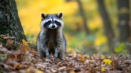 Obraz premium Raccoon in autumn forest cute animal wildlife nature photography outdoor fall season adorable curious mammal wild
