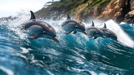 Naklejka premium Dolphin pod swimming ocean waves marine wildlife aquatic animals marine life conservation nature photography
