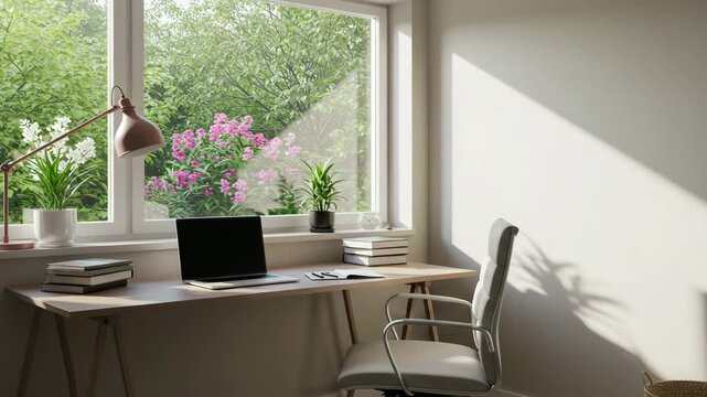A home office with a minimalist desk and a bright garden view