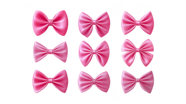Pink bows in various styles arranged in grid pattern, showcasing glossy finish and vibrant color. These decorative accessories can add charm and elegance to various projects