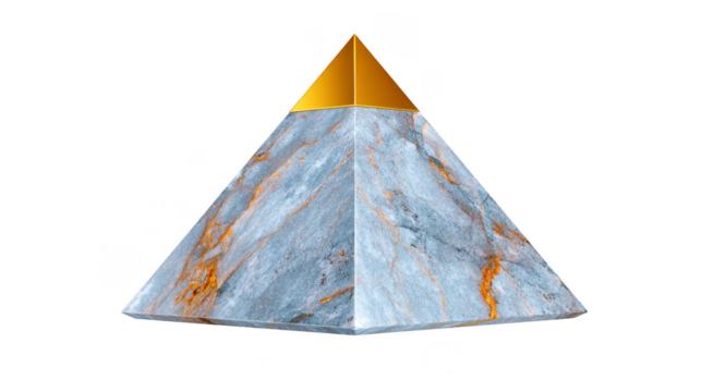Stunning pyramid sculpture featuring marble texture with golden accents, showcasing intricate patterns and modern design. This piece adds elegance and sophistication to any space