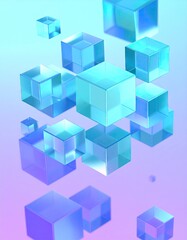 Translucent, light blue cubes of varying sizes cluster and float against a gradient background of aqua and violet.