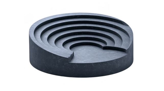 Circular, layered structure with concentric grooves, resembling modern design element. This abstract piece showcases smooth surface and minimalist aesthetic, perfect for various artistic
