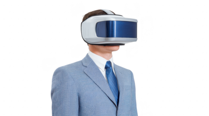 Person wearing virtual reality headset stands confidently formal suit, showcasing intersection of technology and fashion. sleek design of headset highlights modern innovation and immersive