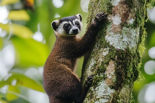 Bushy tailed olingo climbing a mossy tree in the rainforest of ecuador south america wildlife photography