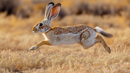 Naklejka premium Explore the beauty of nature a captivating jackrabbit running through the golden field wildlife photography