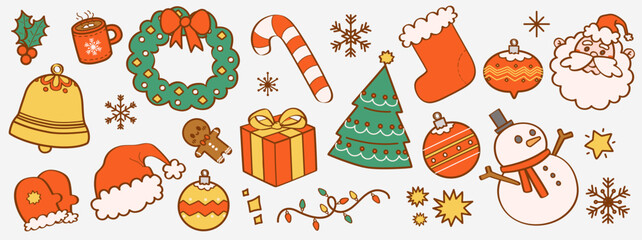 Set de ilustraciones decorativas dibujadas a mano de elementos de navidad. Vector