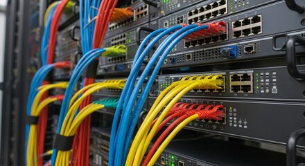 Dynamic server room infrastructure showcasing network cables and data transfer capabilities in modern IT