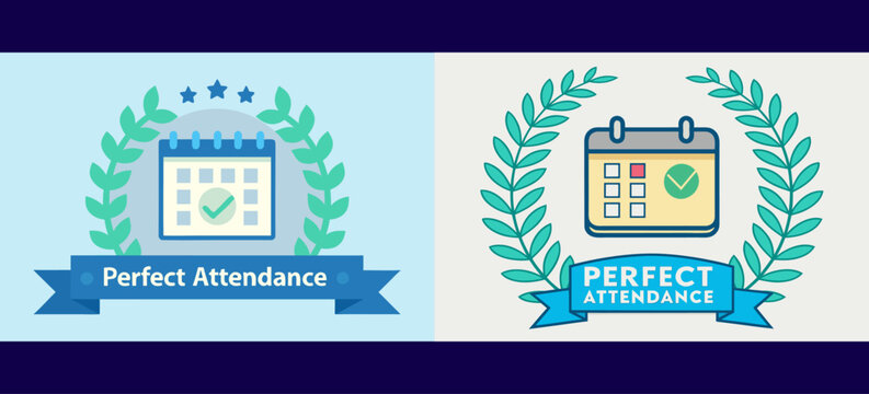 Perfect Attendance Badge Designs with Calendar Icons, Laurel Wreath, and Ribbon Banners for School, Workplace, and Academic Achievement Recognition