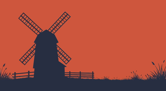 Silhouette of a windmill against an orange sunset background   - Powered by Adobe