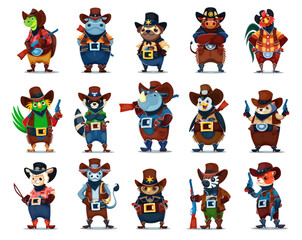 Cartoon animal cowboy, sheriff, bandit and robber characters. Vector turtle, hippopotamus, pug dog and bull, rooster, parrot and raccoon. Rhinoceros, penguin or hedgehog, sheep, owl, zebra or cat