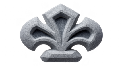 Decorative stone ornament featuring stylized fleur de lis design, showcasing intricate details and textured surface. This piece adds elegance and charm to any architectural setting