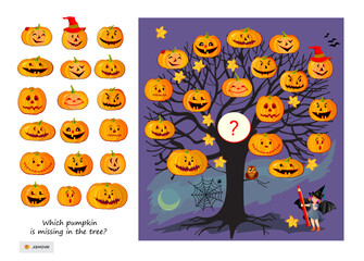 Game find and search. Which pumpkin is missing in the tree? Logic puzzle for children and adults. Brain teaser book. Task for attentiveness. Kids activity sheet. Hand drawn vector illustration.