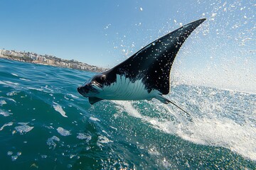 Exploring ocean life: manta ray breaching water surface in ocean wildlife photography adventure travel scene