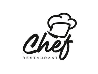 Chef cook icon. Vector minimalist black and white restaurant cooking and culinary label featuring toque hat above the elegant handwritten word chef and the word restaurant in modern sans serif type
