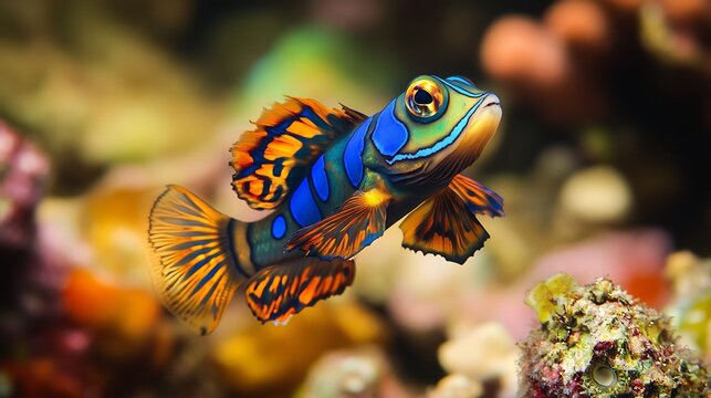 Close up of a colorful mandarin dragonet fish swimming in the ocean reef aquarium pet marine life exotic