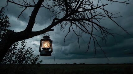 An unlit lantern hanging from a tree branch — storm clouds gathering in the distance, cinematic suspense 4