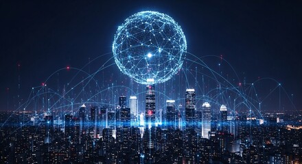Dynamic cityscape with glowing digital network sphere, symbolizing global connectivity
