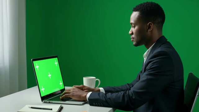 A man works on a laptop with a green screen on a green background