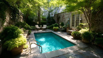 Small swimming pool with turquoise water surrounded by lush green plants
