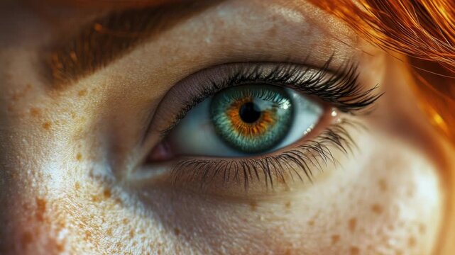 A close-up view of a person's eye featuring noticeable freckles