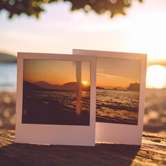 Image generated from AI of an instant photo held up against a mountain landscape matches the background, creating a frame-within-a-frame effect that highlights nature’s beauty and autumn colors.