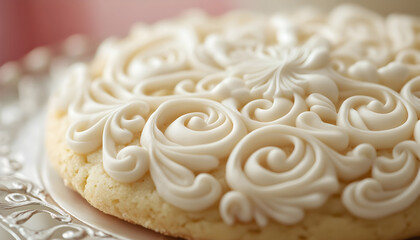 Delicious cookie topped with creamy glaze showcasing intricate icing design
