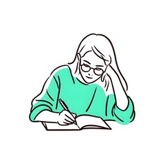 Illustration of woman writing in notebook for study education and creative writing art