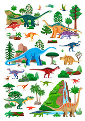 Prehistoric era landscape, dinosaurs characters and plants. Dimorphodon, quetzalcoatlus, amygdalodon and ouranosaurus, apatosaurus, probactrosaurus dinosaurs. Jurassic era pine, palm and fern trees