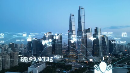 Modern smart city skyline with futuristic technology icons and digital network overlay - Powered by Adobe