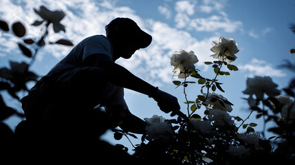 Gardener Tending to Rose Bushes in a Garden During Daytime