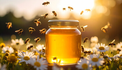 Honey jar bees flowers sunrise