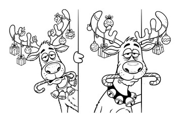 funny christmas reindeer peeking out vector cartoon
