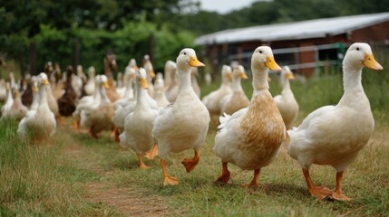 A group of ducks with varying plumage walks purposefully along a dirt path in a lush farm field, with a barn visible in the background. It captures a lively moment in rural life.