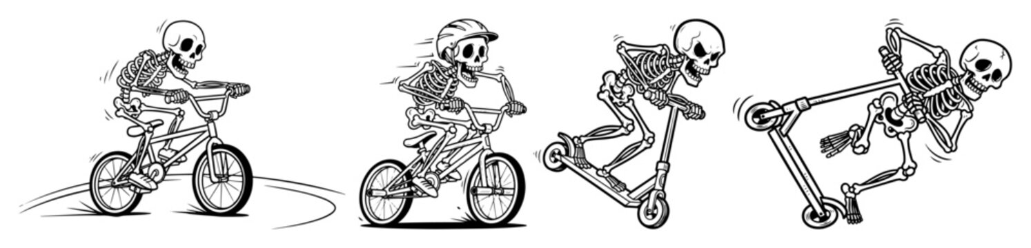skeleton riding bmx and scooter extreme sport vector set