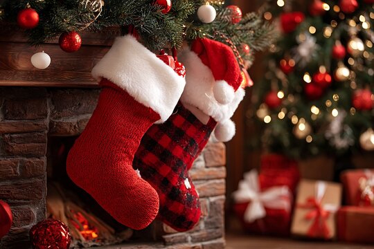 Holiday stockings and Santa hat under Christmas tree
