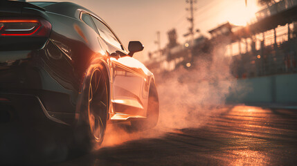 Sports car burning rubber on racetrack at sunset