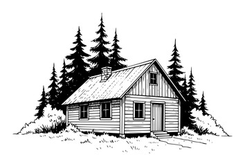 forest cabin house among pine trees vintage vector illustration