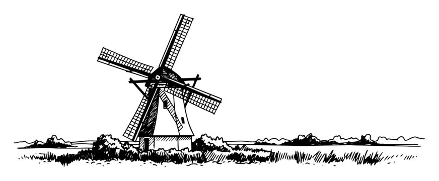 traditional windmill in rural landscape sketch vector