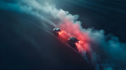 Two cars drifting and leaving smoke on asphalt at night