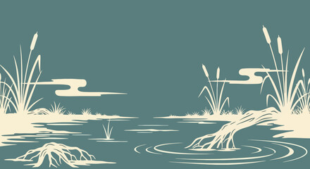 Tranquil marsh scenery with reeds and gentle ripples in water  