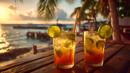 Two refreshing cocktails with lime wedges at sunset on a tropical beach