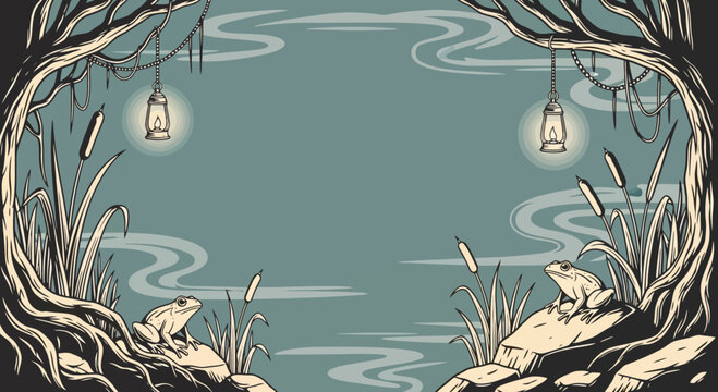 Vector illustration of a serene pond with frogs and lanterns  