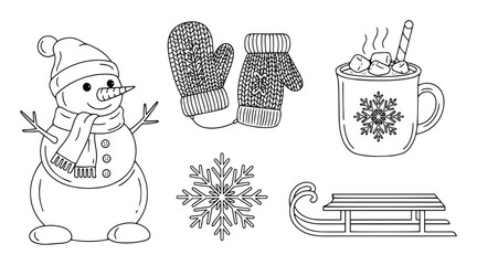 winter season elements set vector outline illustration