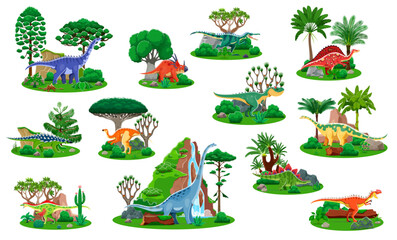 Cartoon prehistoric dinosaur characters of cute jurassic dino animals, mountain waterfall, jungle palm trees and cactuses. Vector titanosauria, styracosaurus, allosaurus and stegosaurus dinosaurs
